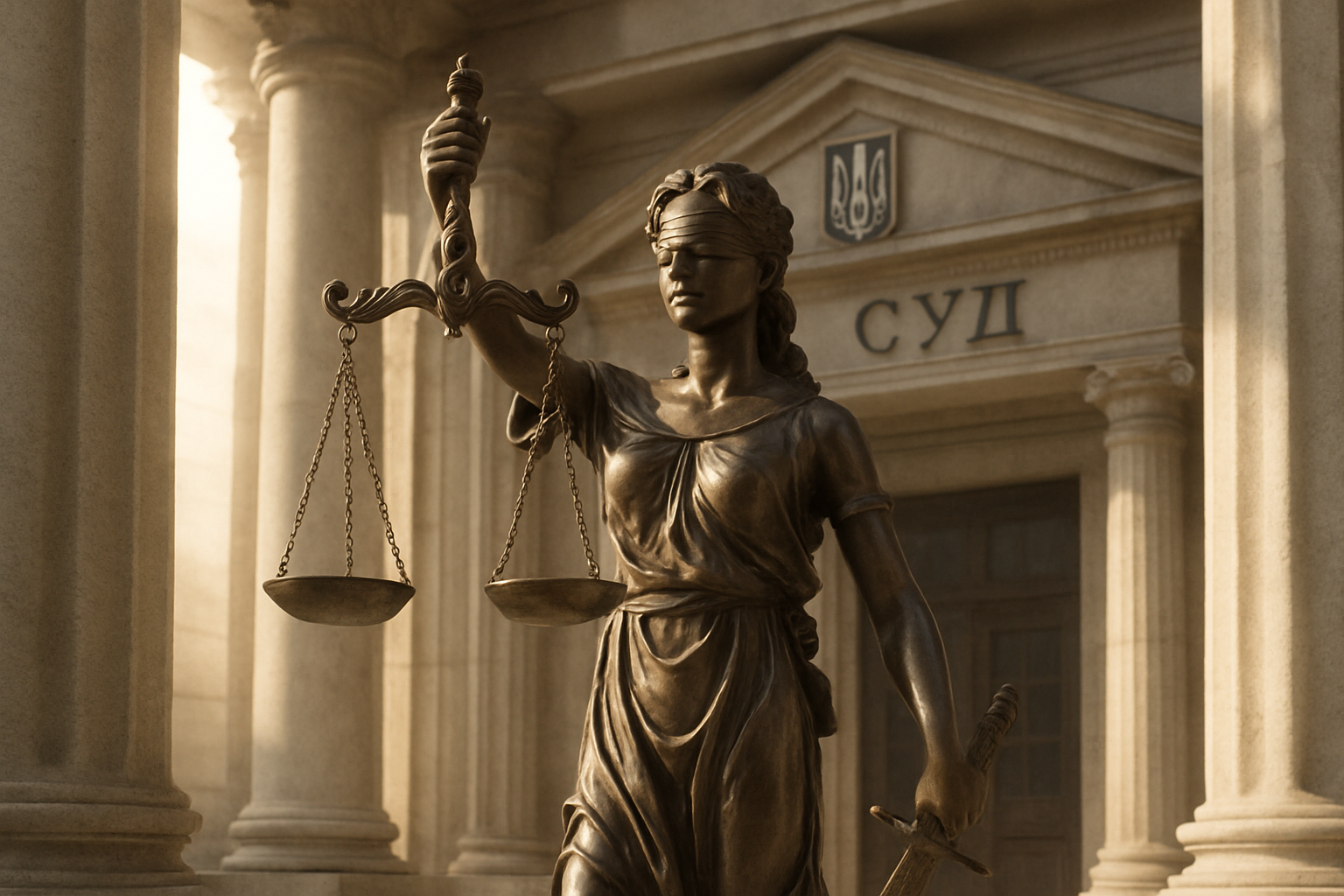 Justice-themed photo featuring Themis statue and courthouse columns, sunlight filtering through pillars, realistic and dignified