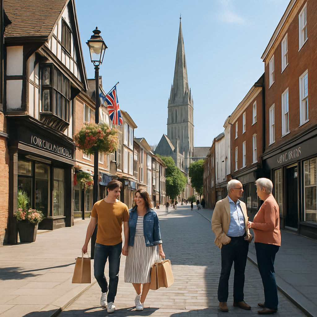 Friendly Salisbury high street scene with independent shops, green awnings, and local residents carrying shopping bags