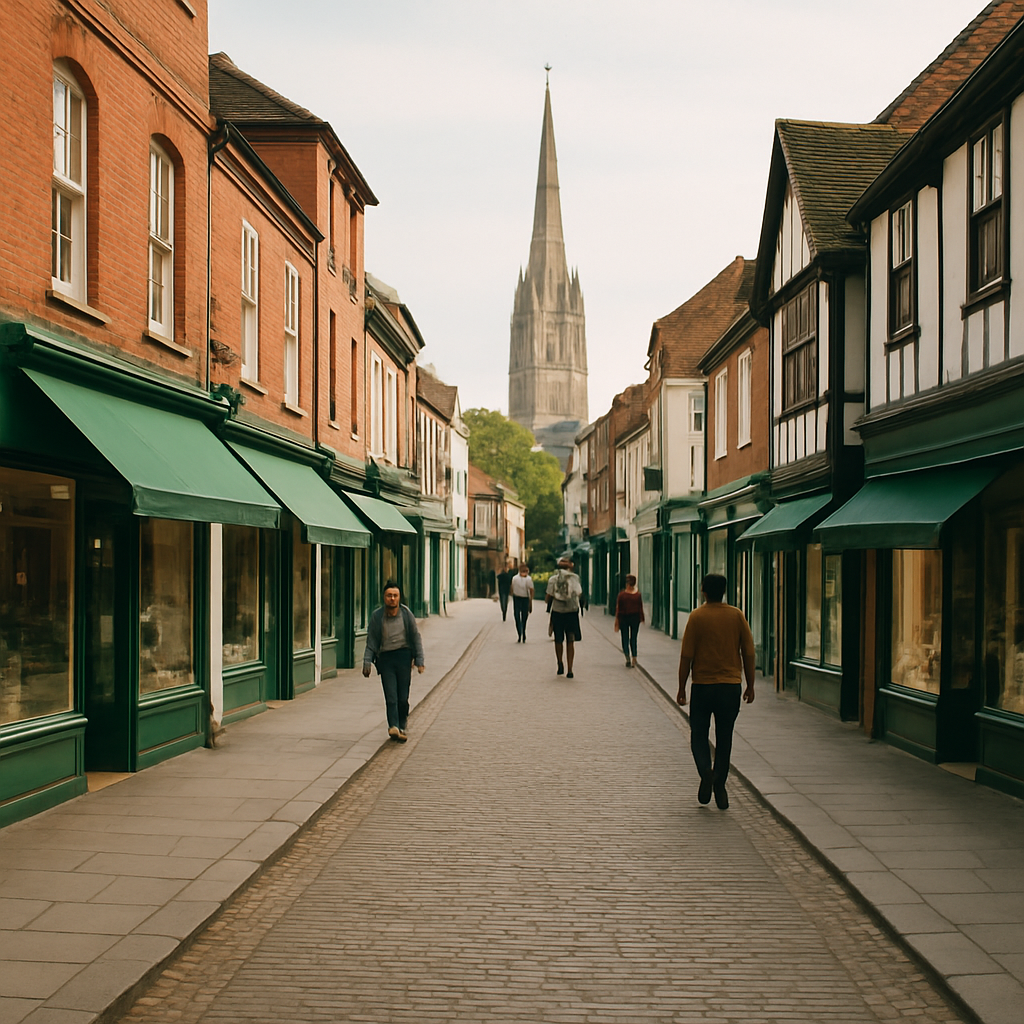 Friendly Salisbury high street scene with independent shops, green awnings, and local residents carrying shopping bags