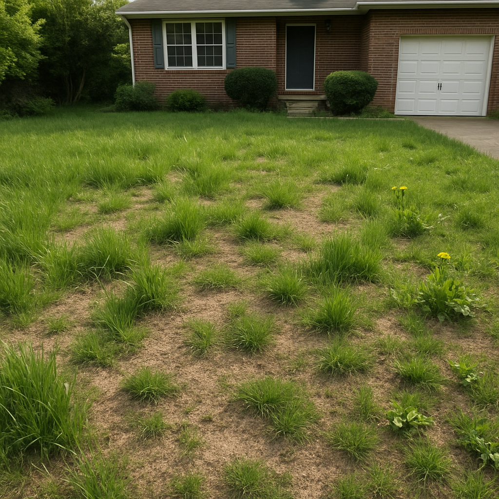 Lawn before landscaping, overgrown with weeds and patchy grass