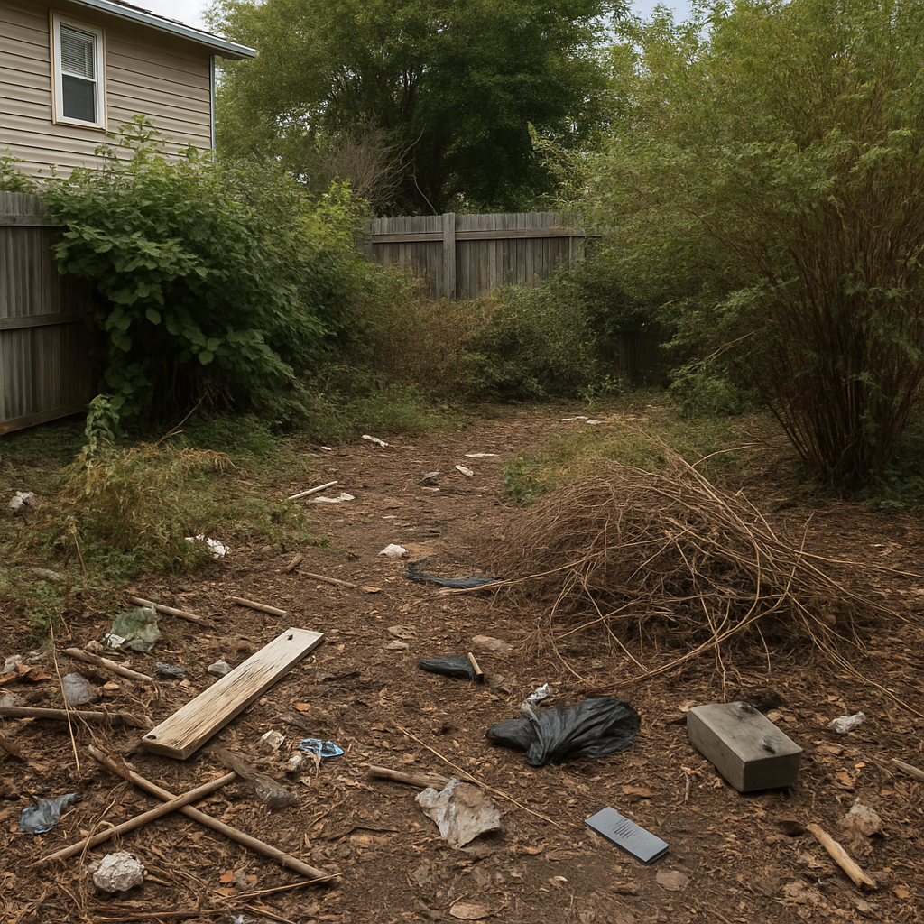 Backyard before cleanup, with debris and untrimmed shrubs
