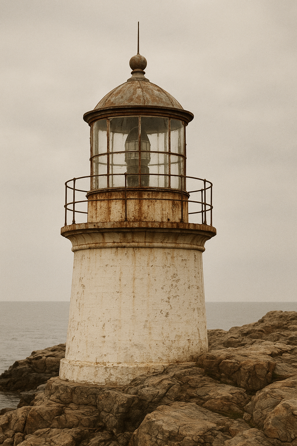 Close architectural view of a weathered lighthouse lantern room above a rocky northern shoreline