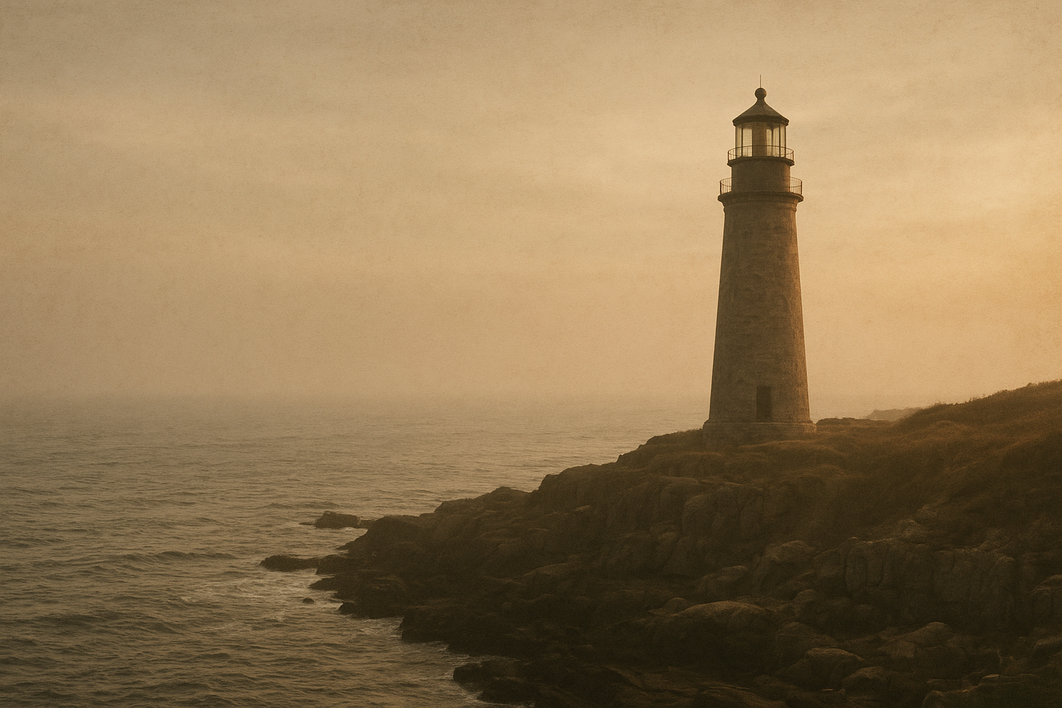Warm film-inspired view of a tall stone lighthouse on the northern coast at dusk, with sea haze, rugged shoreline, and gentle waves