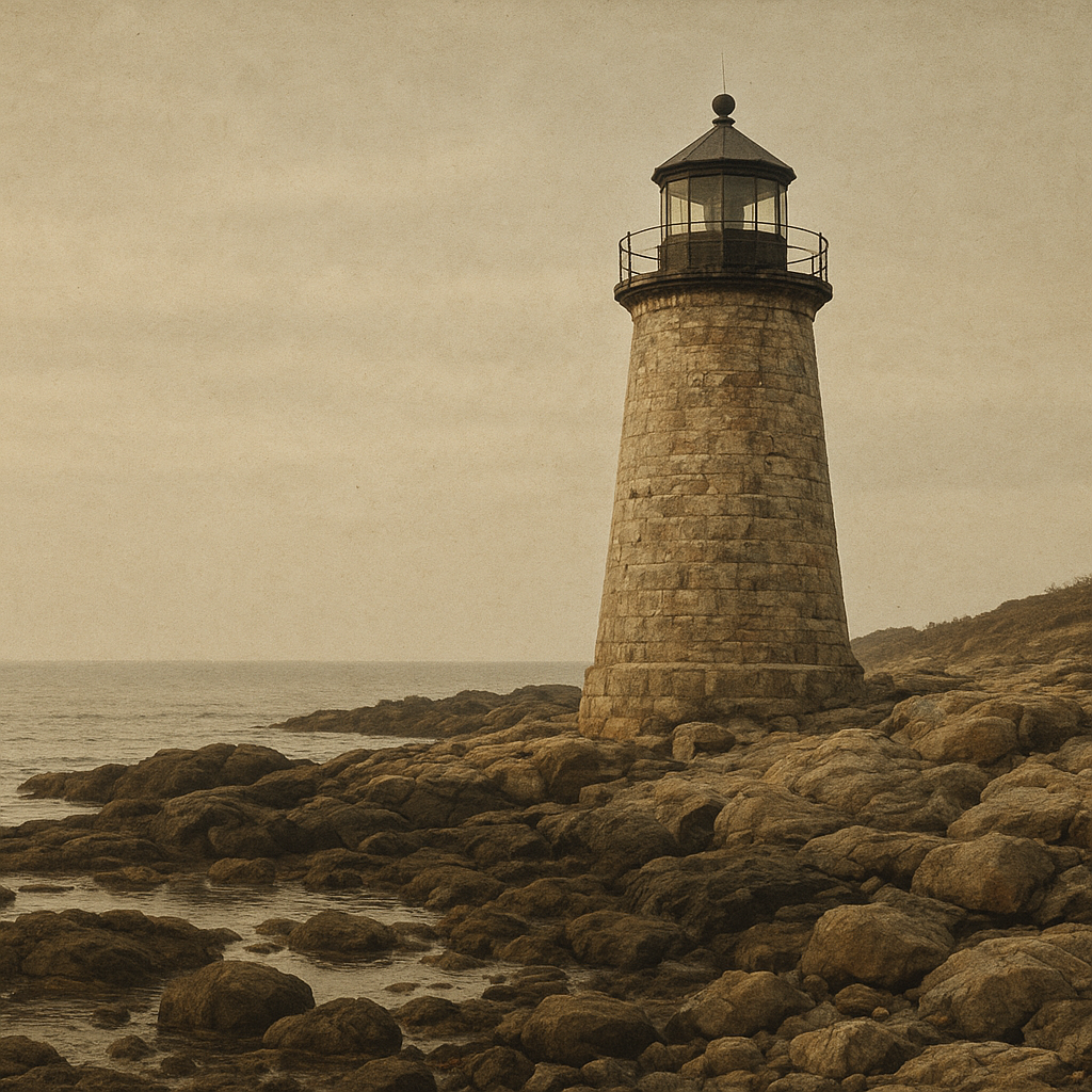 Archival illustration of a weathered stone lighthouse on a rugged northern shoreline under overcast light