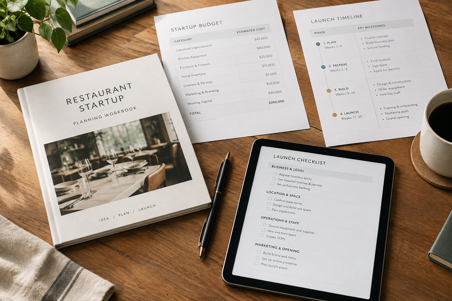 Editorial scene of a polished restaurant startup workbook, printed planning sheets, and a tablet with launch checklist on a wooden table