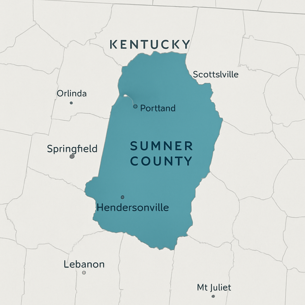 Clean regional map highlighting Sumner County, Tennessee and the southern Kentucky region with bold accent outlines and shaded areas; labels include major Sumner County towns and the Kentucky towns of Scottsville and Franklin