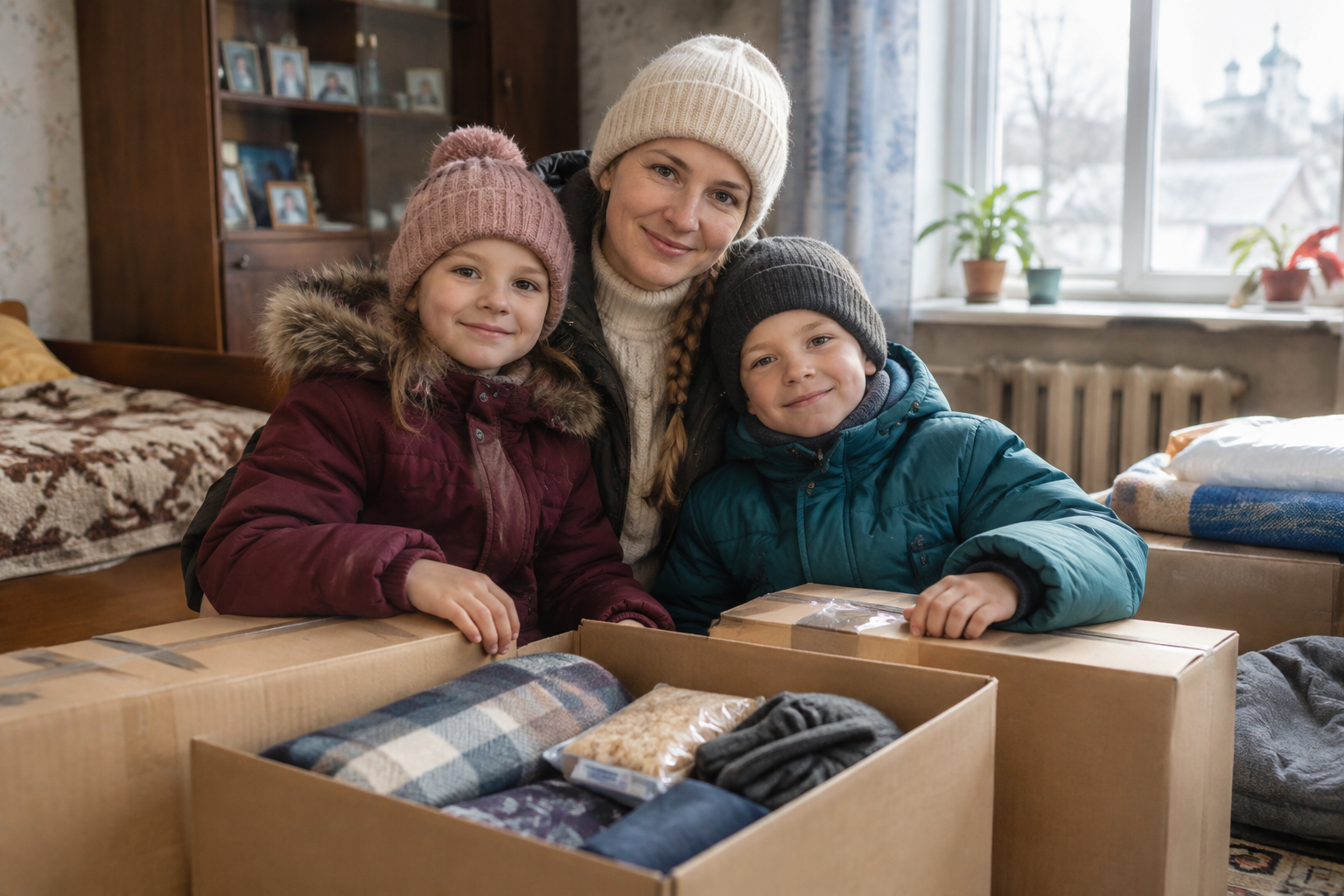 A mother in a cream knit hat smiling with her two children beside winter supply boxes in Chernihiv
