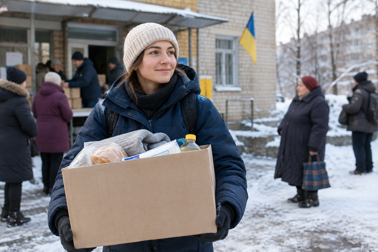 A young volunteer in a navy winter jacket carrying a box of relief supplies outside a community center in Dnipro