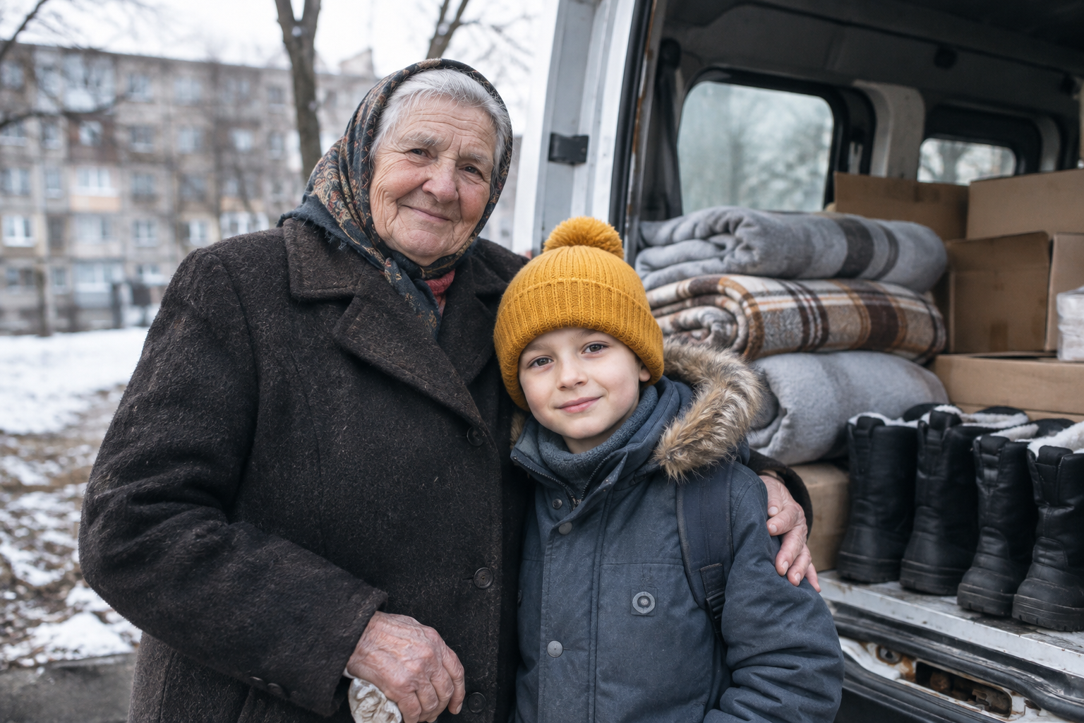 A grandmother and young child in warm coats standing together at a winter aid delivery in Kharkiv