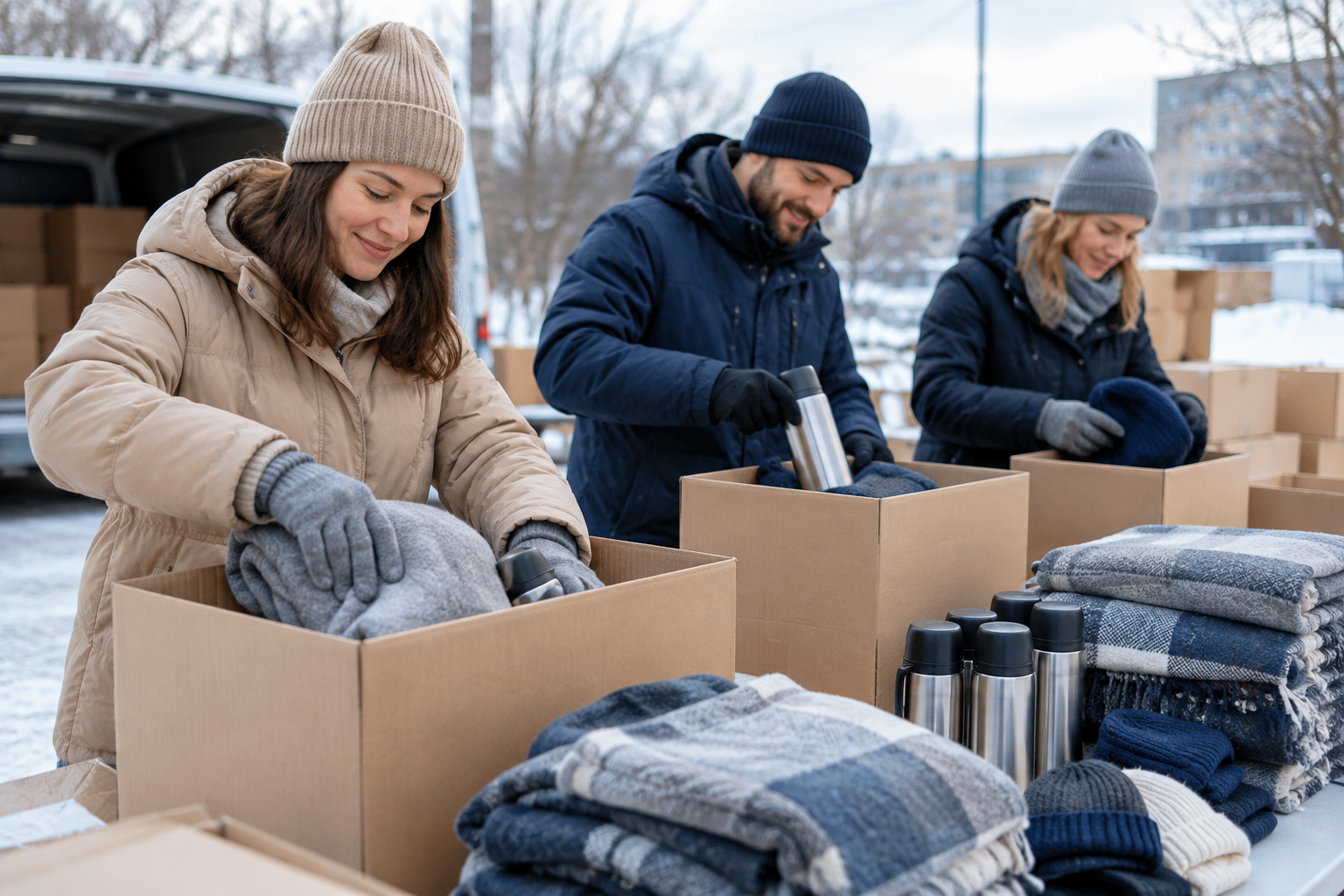 Community volunteers in winter coats preparing practical aid boxes for families in Ukraine in softly lit daylight