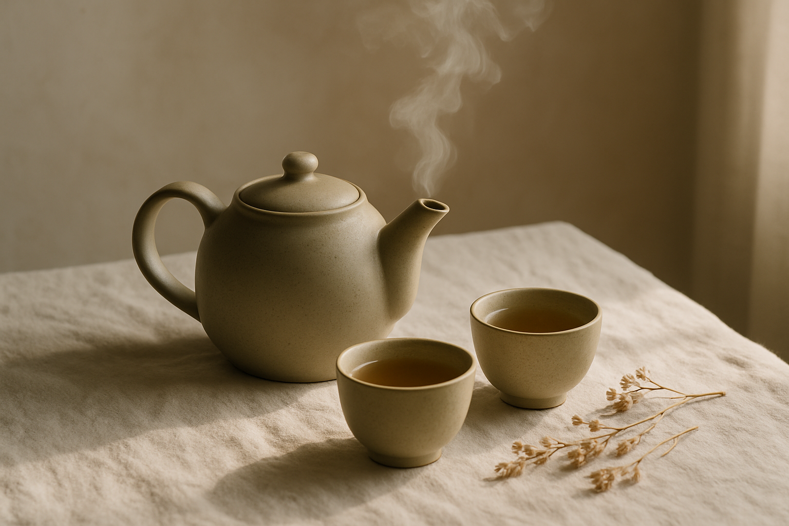 A serene tea ritual scene with a ceramic teapot, two cups, and soft steam rising beside dried botanicals on a linen cloth
