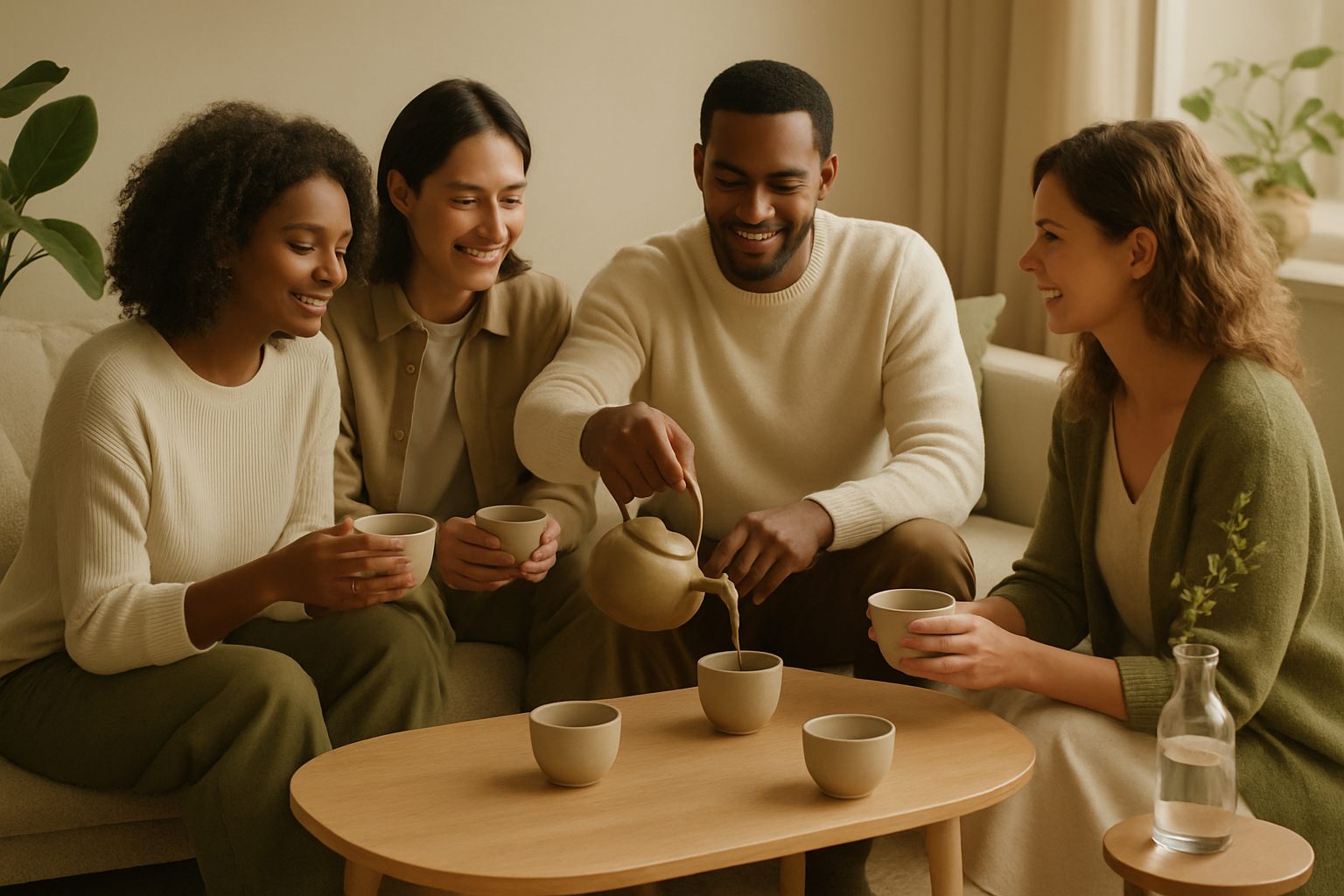 Diverse group of friends sharing tea around a low wooden table with ceramic cups, soft botanical accents, and warm morning light