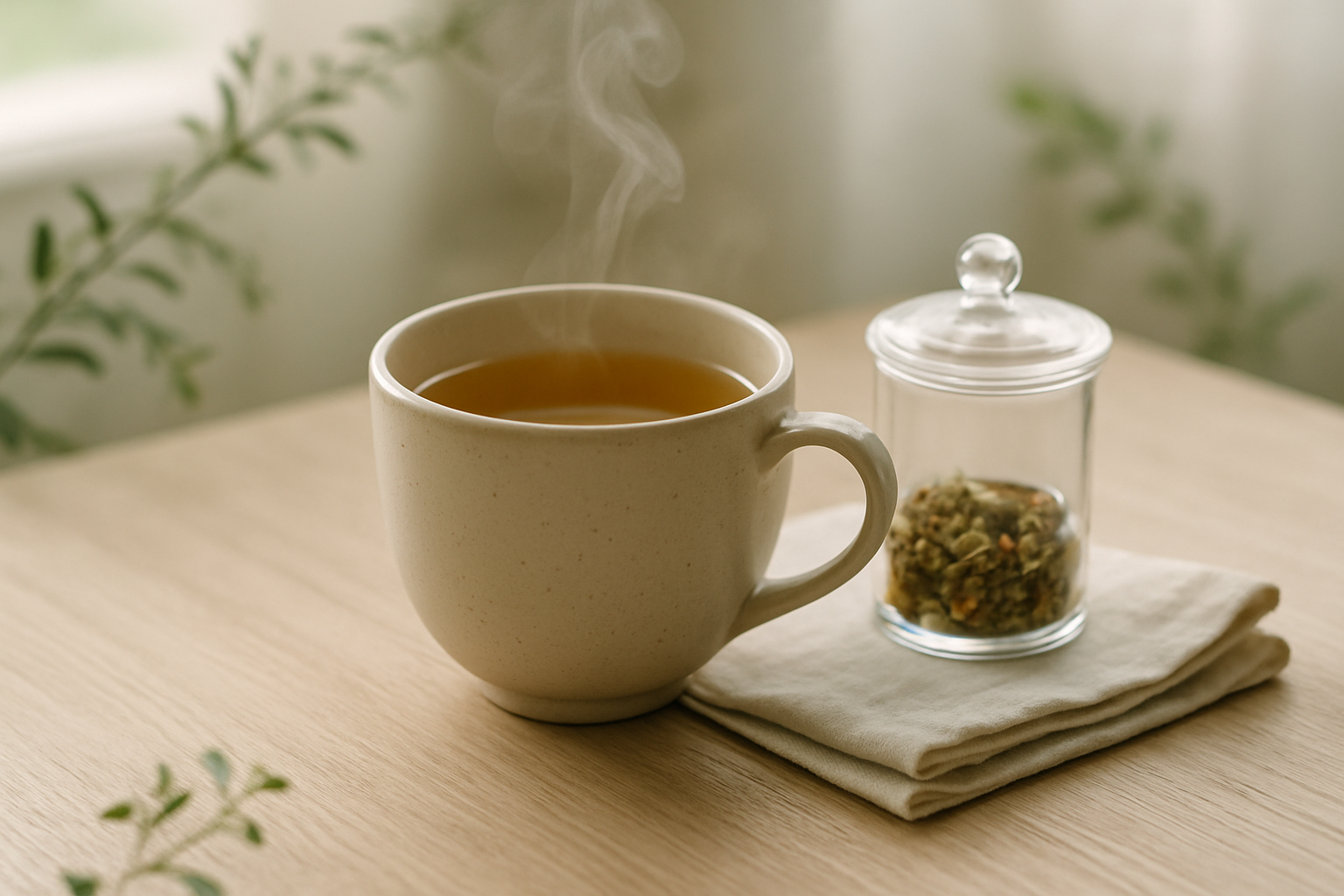 A serene ceramic cup of herbal tea with soft steam rising beside a small glass infuser and a linen napkin