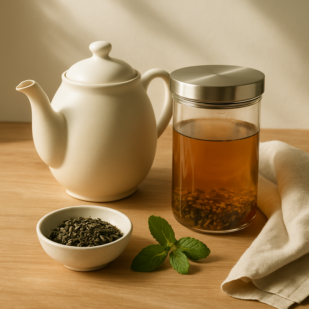 Elegant tea ritual scene with a ceramic teapot, glass infuser, loose leaves, and a soft linen cloth on a sunlit wooden table