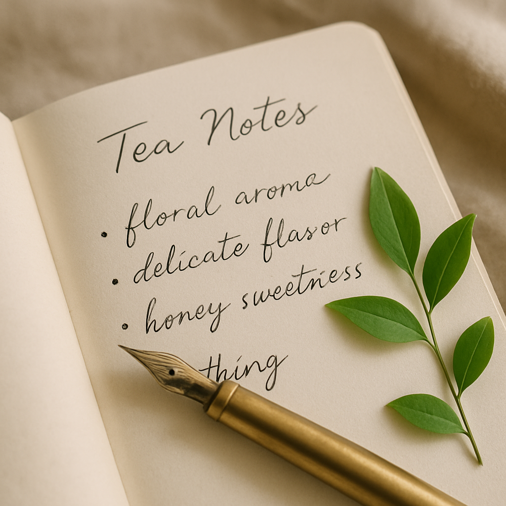 Close-up of a travel journal with handwritten tea notes, a brass pen, and a sprig of green leaves