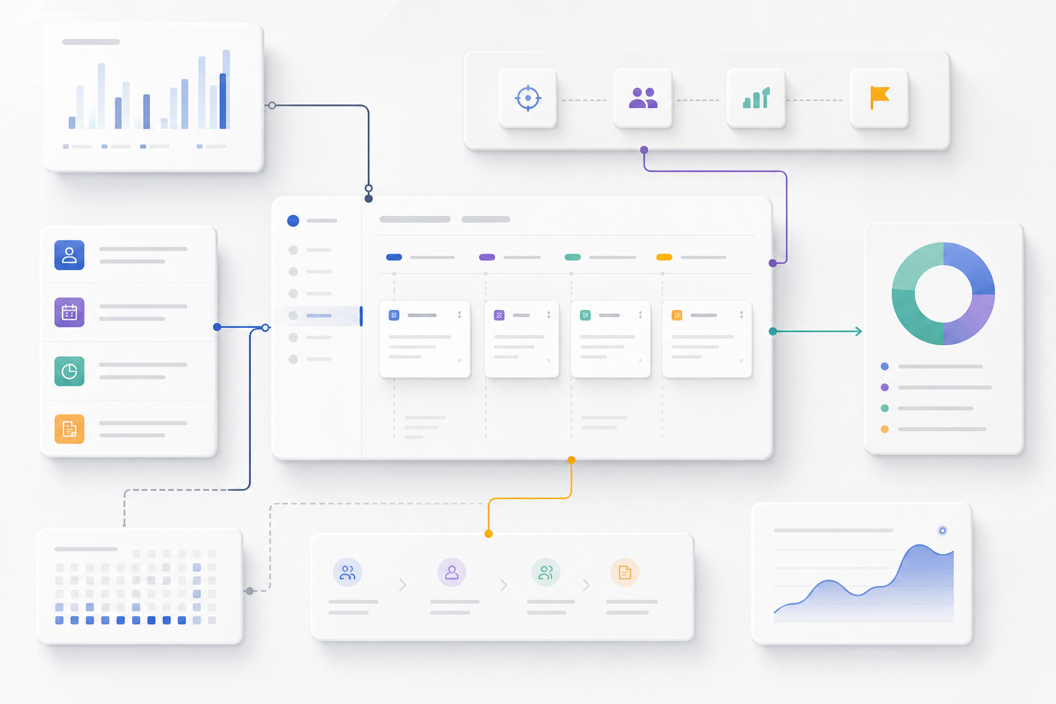 Polished abstract campaign workflow interface with modular panels, directional connectors, and clean grid alignment