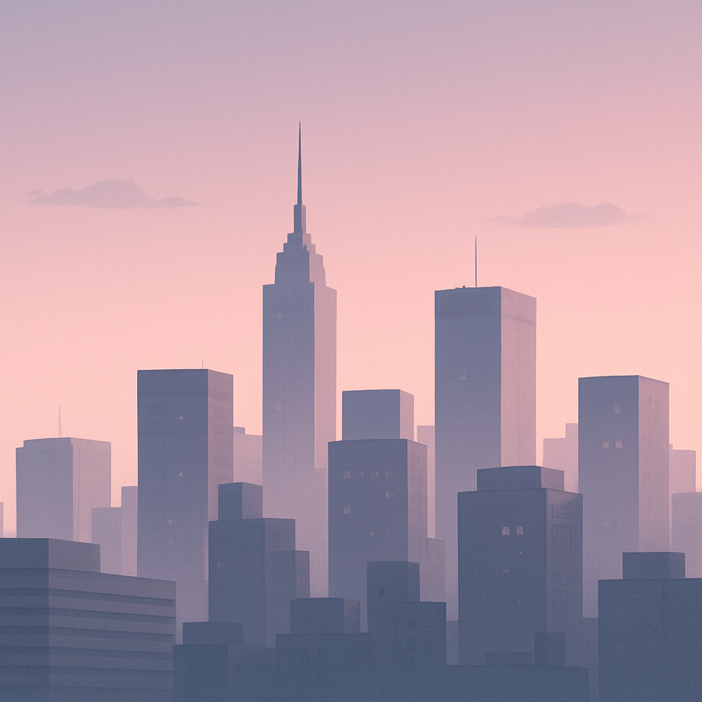 Minimalist city skyline at dusk with pastel colors