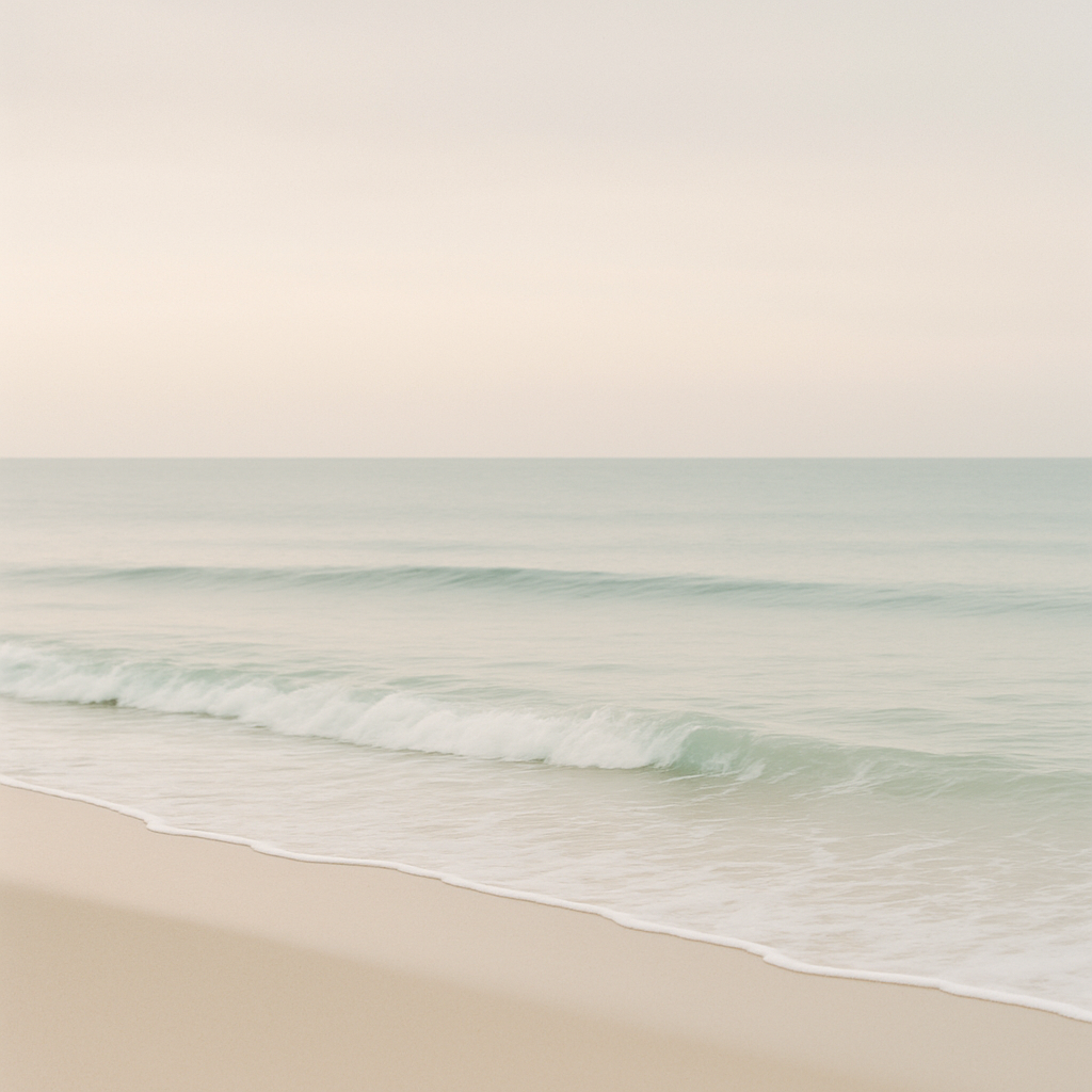 Minimalist coastal scene with soft colors and gentle waves