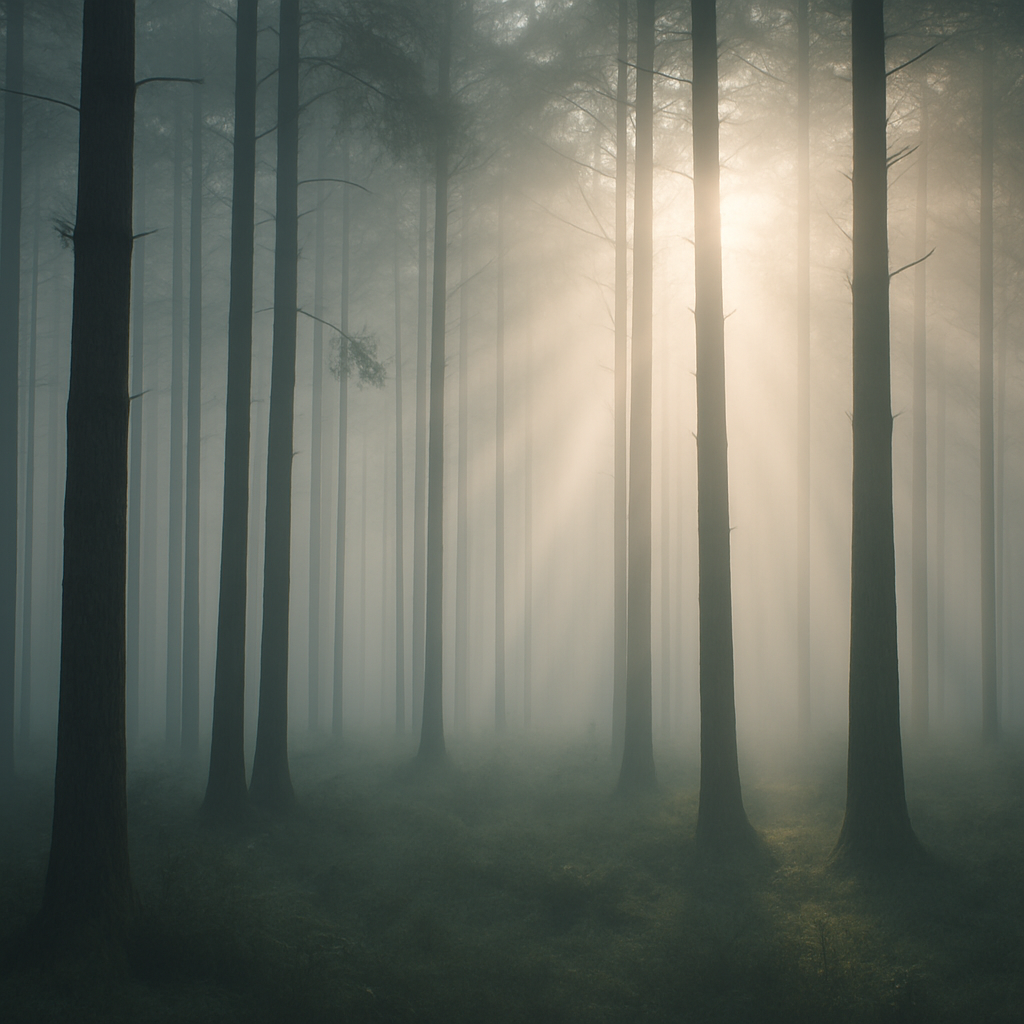 Misty forest with soft morning light filtering through tall trees
