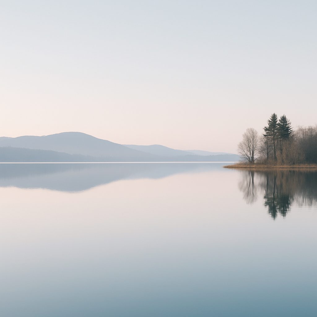 Serene lake with mirror reflection and minimalist composition
