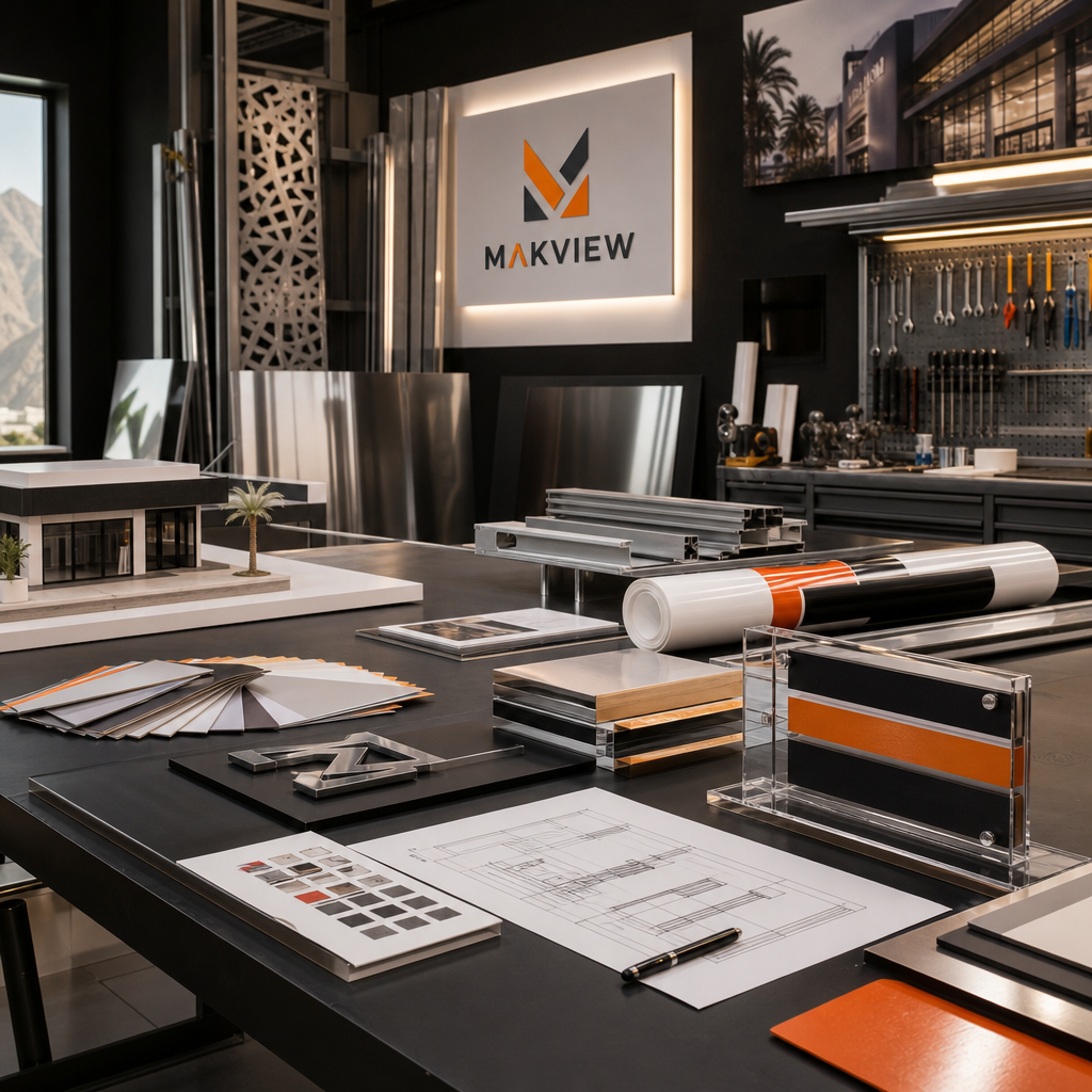Professional MAKVIEW team reviewing signage and fabrication plans in a polished industrial workspace with large completed project samples