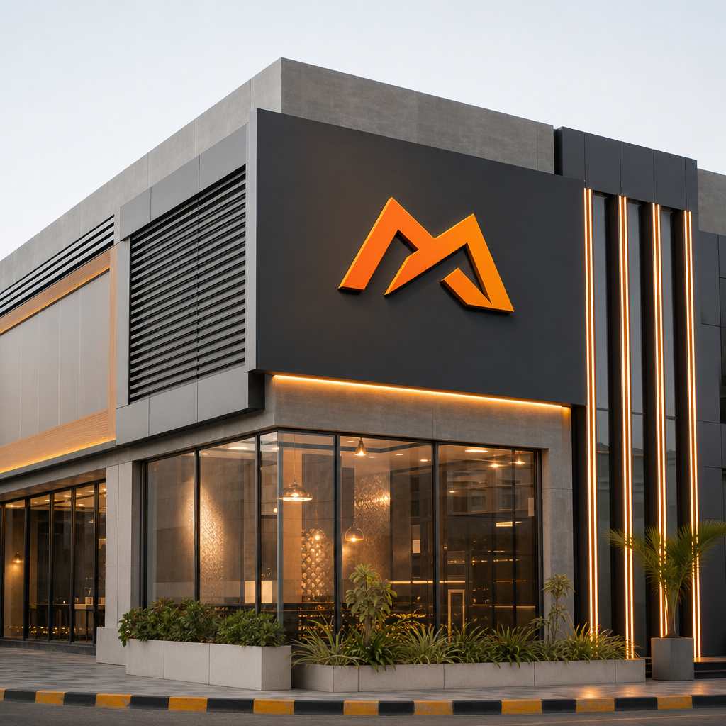 MAKVIEW installation crew completing branded exterior signage at a modern commercial building in Oman