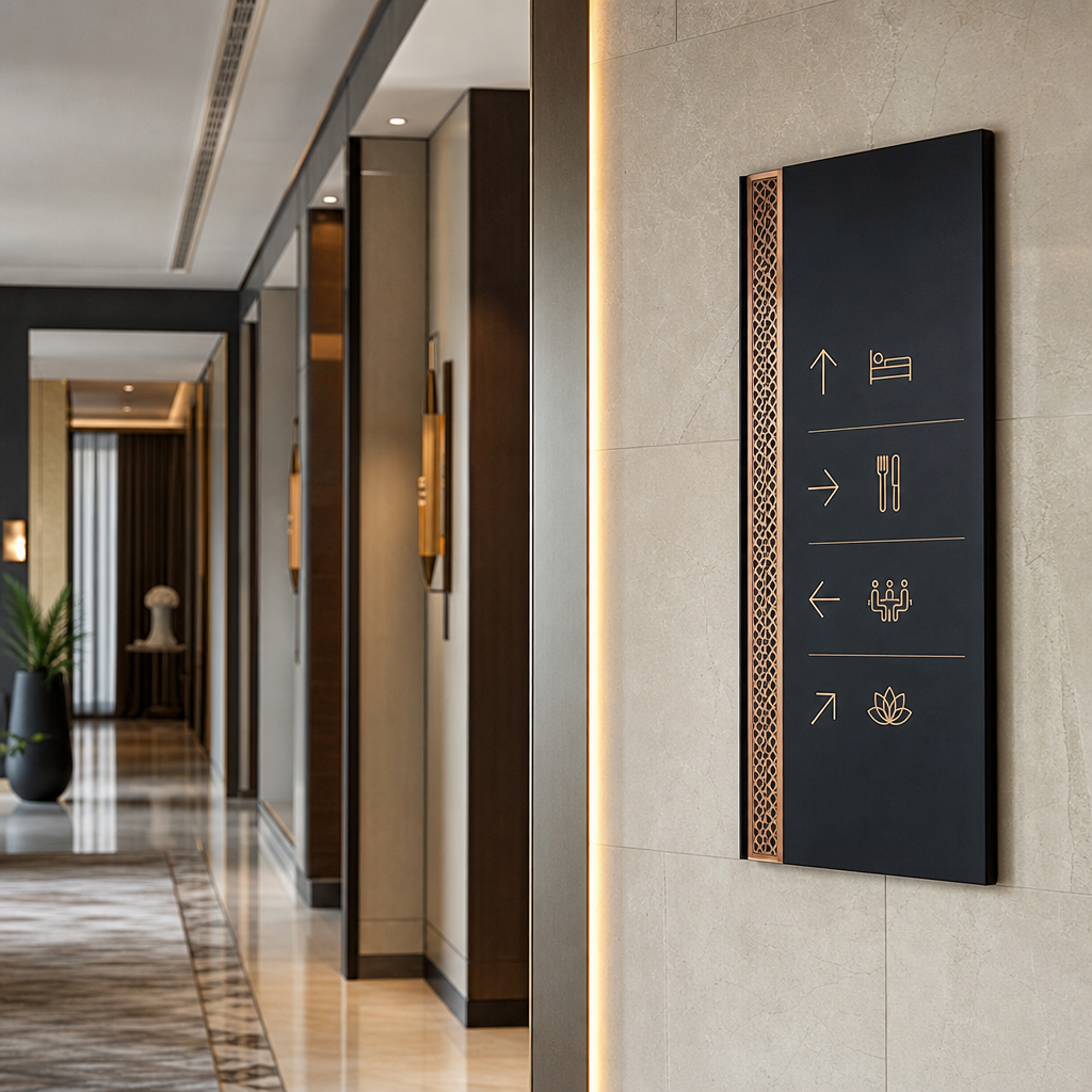 Refined interior wayfinding signage installed in a hotel corridor with polished architectural finishes