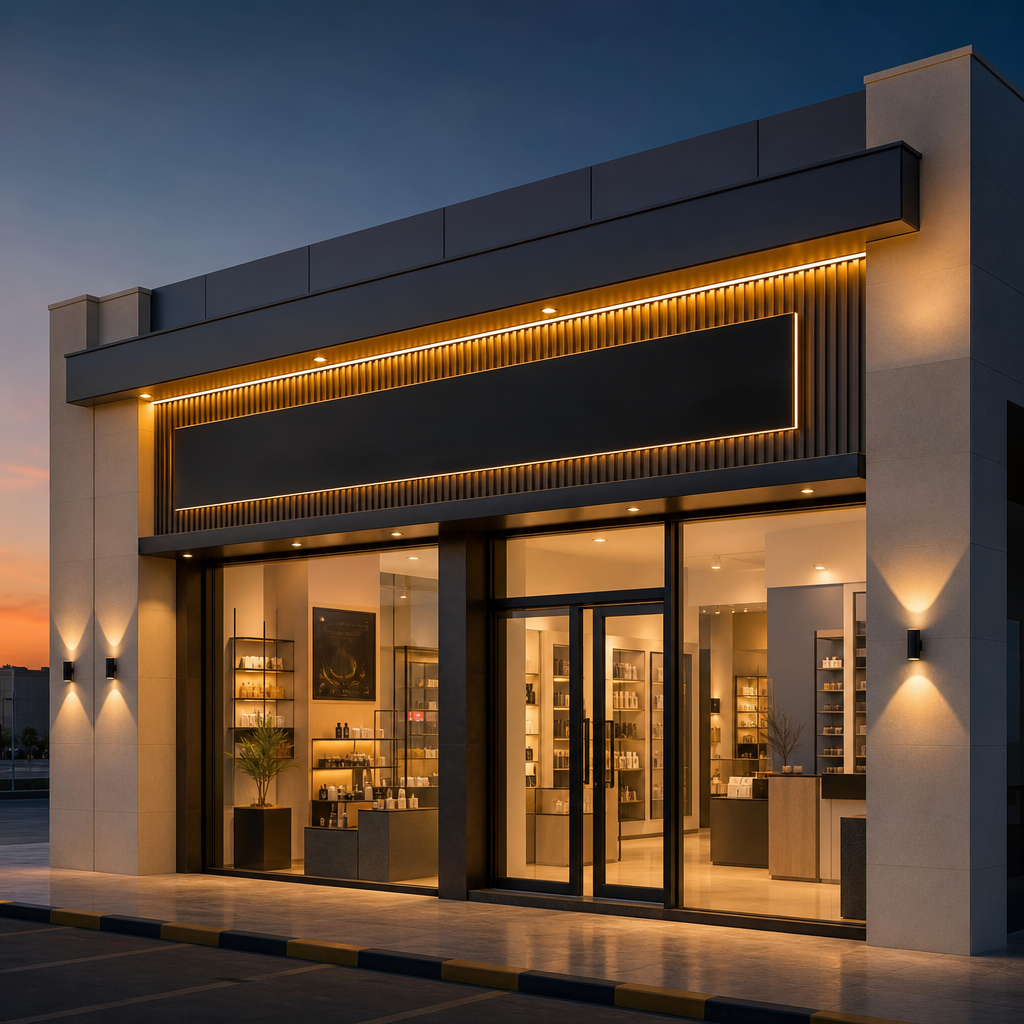 Completed premium retail storefront branding with illuminated signage and clean glass frontage at dusk
