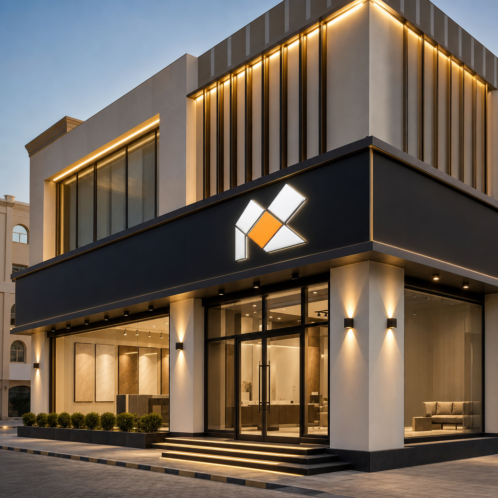 MAKVIEW installation team fitting a premium illuminated exterior signboard at a modern commercial building in Oman