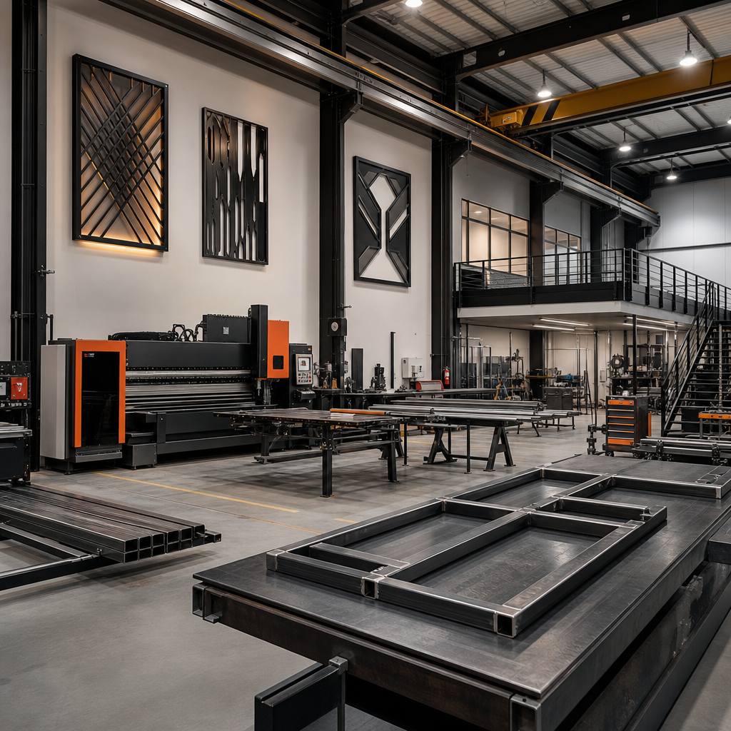 Steel fabrication workshop scene showing precision welding and finishing of structural branding frames