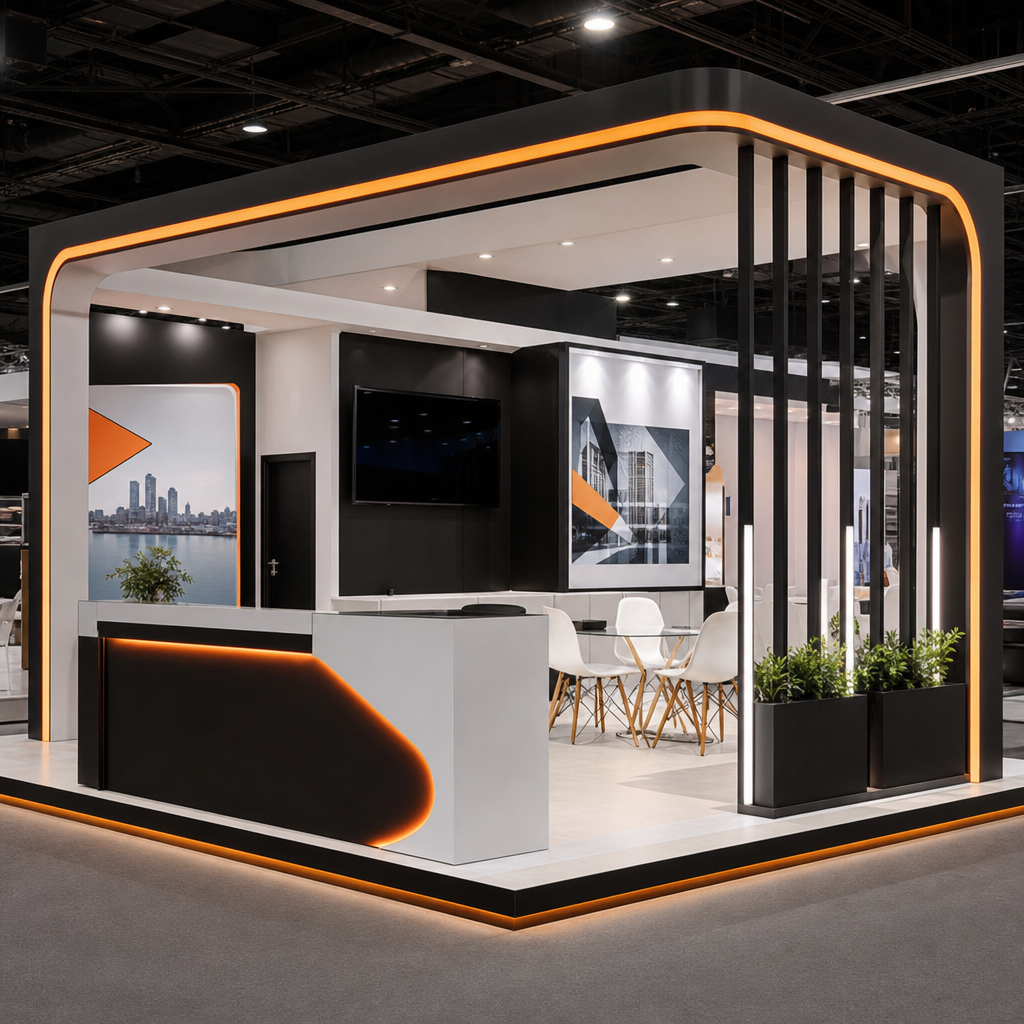 Exhibition stand fabrication with custom branded booth structures, lighting, and printed panels