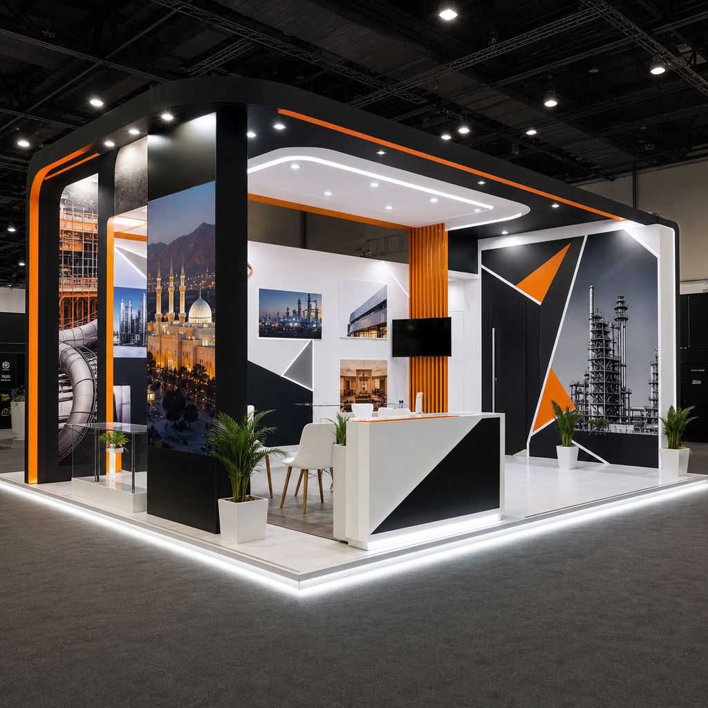 Corporate exhibition booth with custom branded fascia, printed graphics, and integrated display lighting