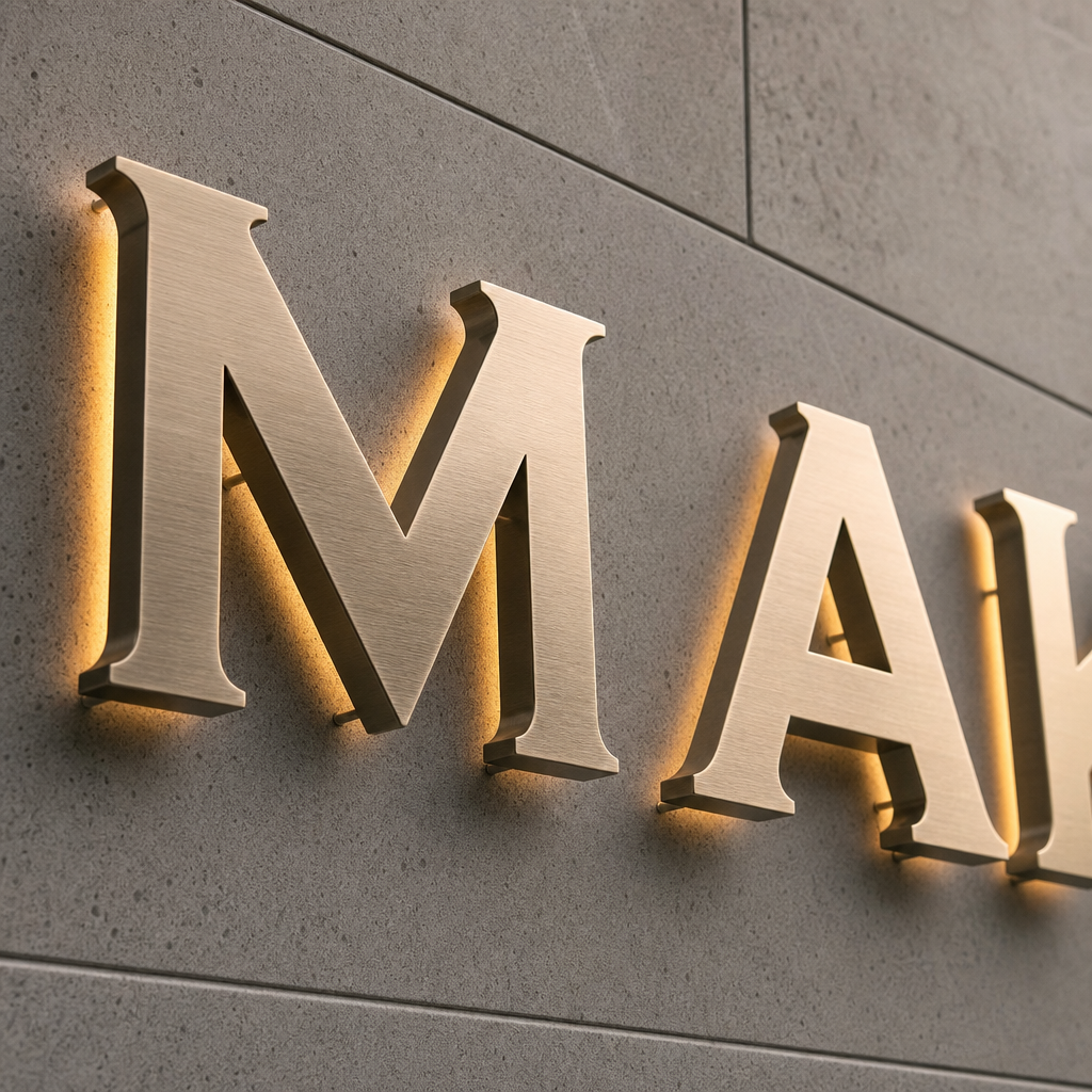 close-up of brushed metal three-dimensional channel letters mounted on a textured facade