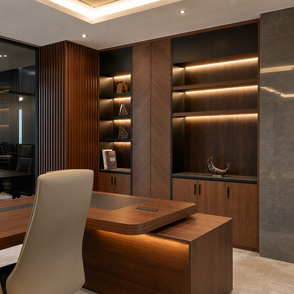 bespoke carpentry fit-out with wood paneling, built-in cabinetry, and clean commercial finishing