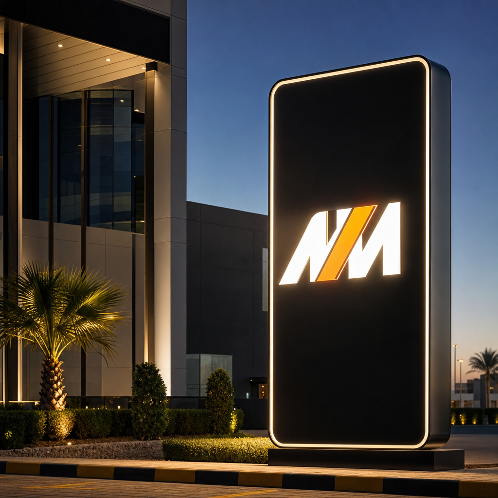 large illuminated commercial roadside signboard installed in front of a modern business building at dusk