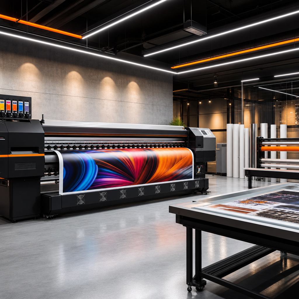 wide-format digital printer producing high-resolution corporate graphics and promotional wall vinyl