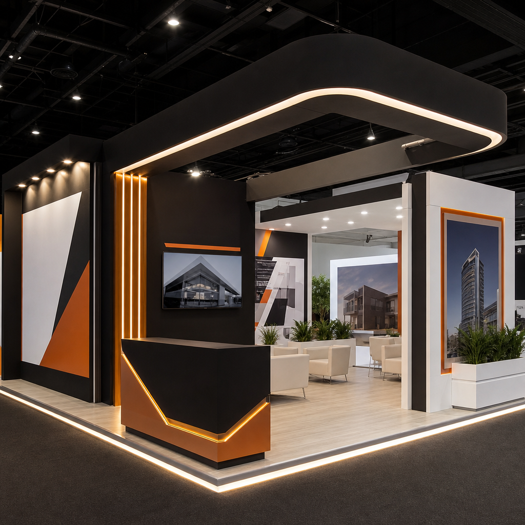 custom exhibition stand with branded panels, integrated lighting, and reception counter in a trade hall