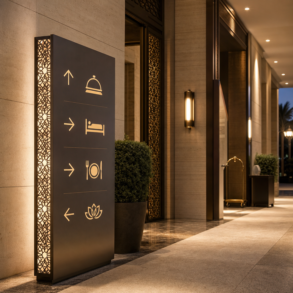 luxury hotel wayfinding and lobby branding installation with polished metal and backlit signs