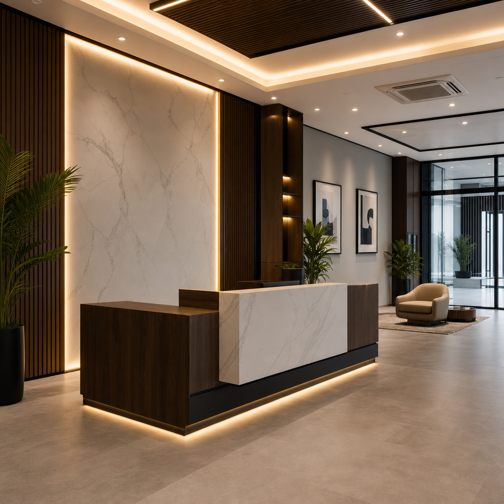 corporate interior fit-out with branded feature wall, reception desk, and integrated lighting