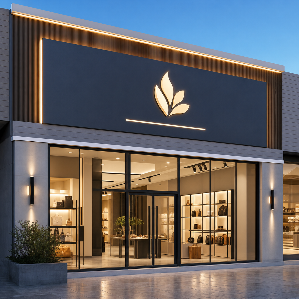 premium retail shopfront with branded fascia signage, glass entrance, and clean exterior lighting