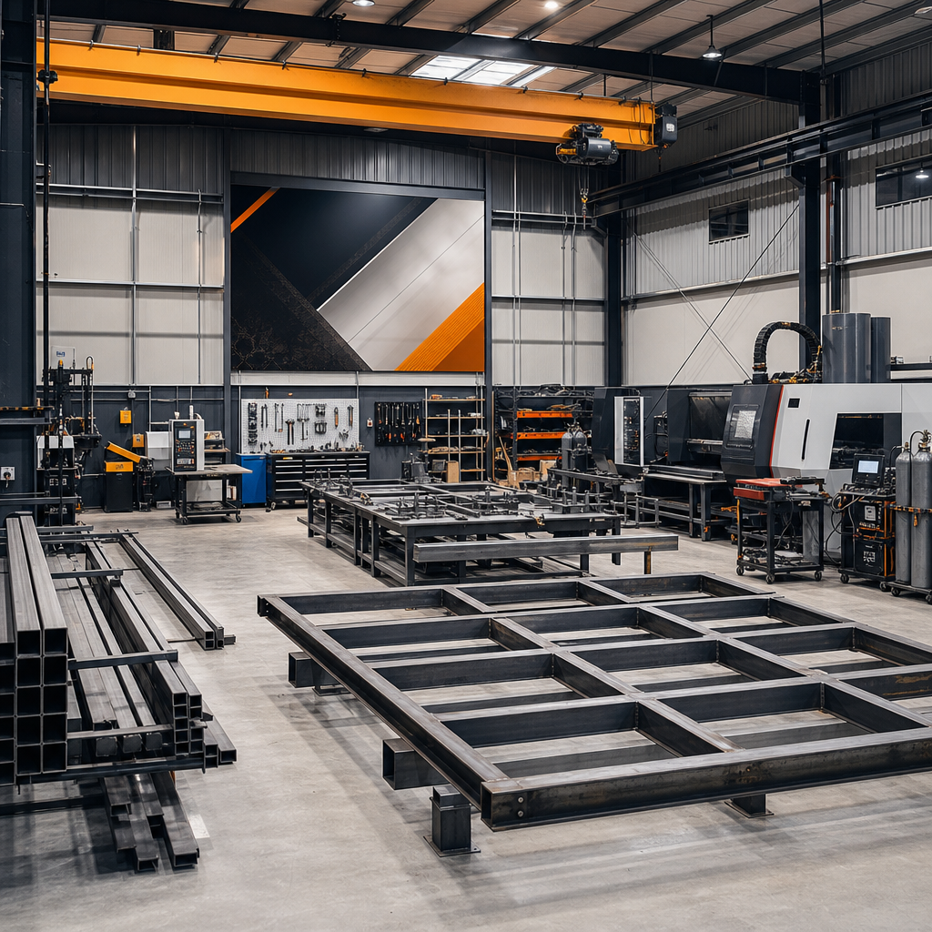 structural steel fabrication workshop scene with welded frames and precision cutting equipment