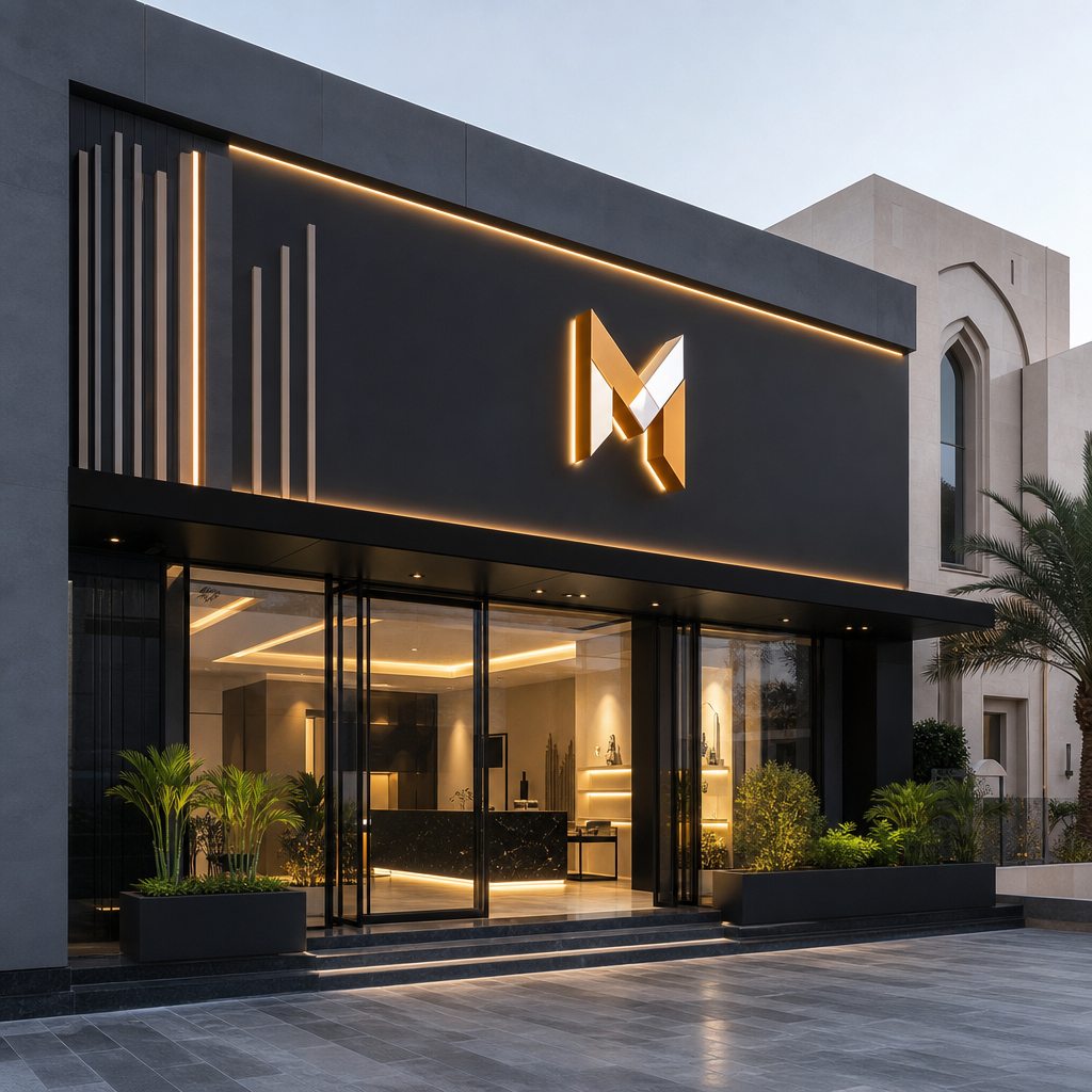 Premium commercial facade with large illuminated corporate signage and clean architectural branding in Oman