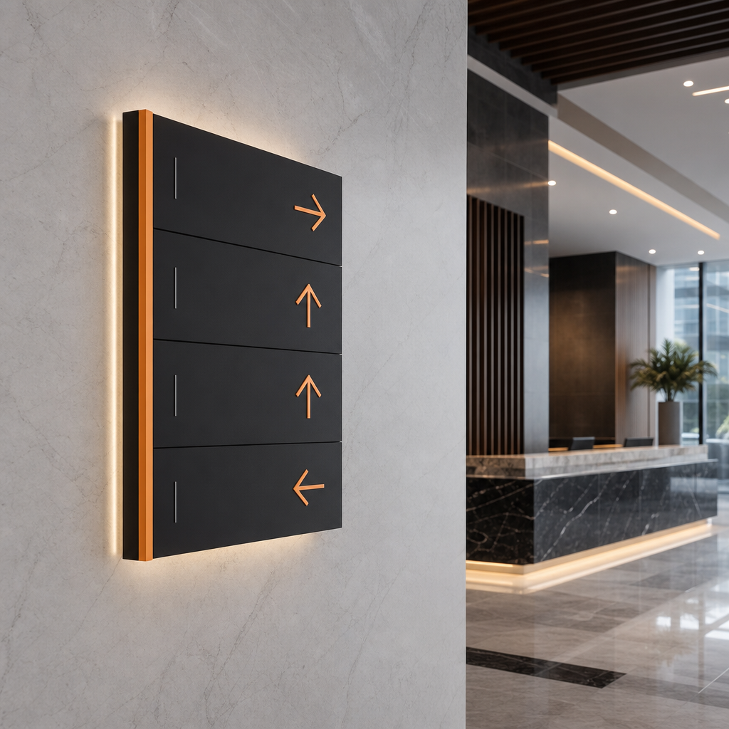 Detail view of premium wayfinding and branded interior signage installation for a corporate lobby