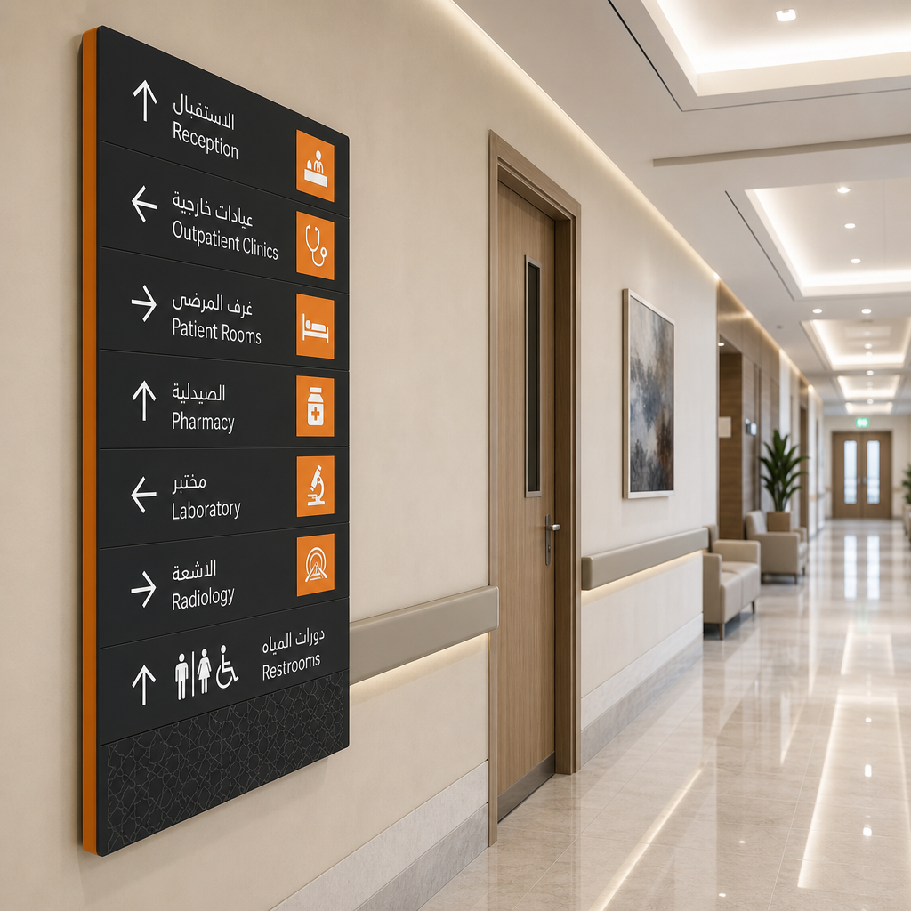 Clean hospital wayfinding signage system with bilingual directional panels in a bright corridor