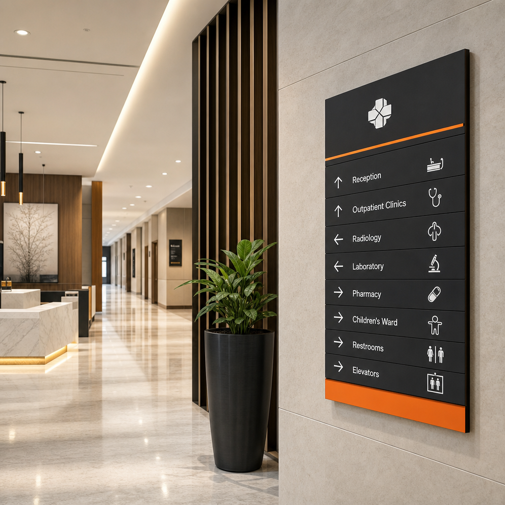 Hospital wayfinding and branded healthcare signage with clean professional interiors
