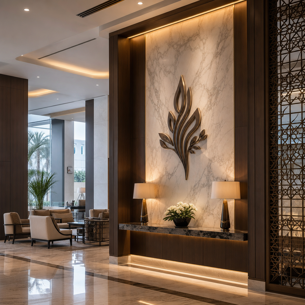 Premium hotel lobby feature wall with integrated branding and warm architectural lighting