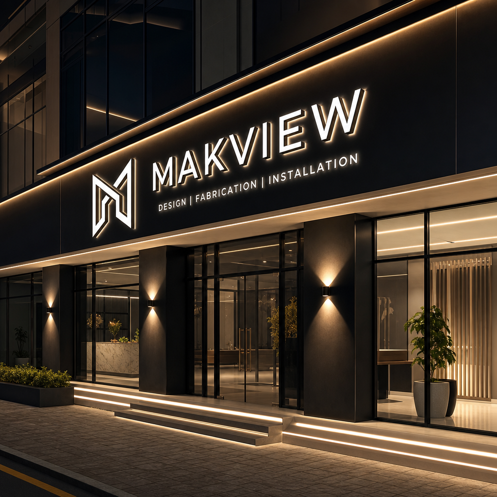 Night-time illuminated shopfront signage with dimensional lettering and refined fabrication details
