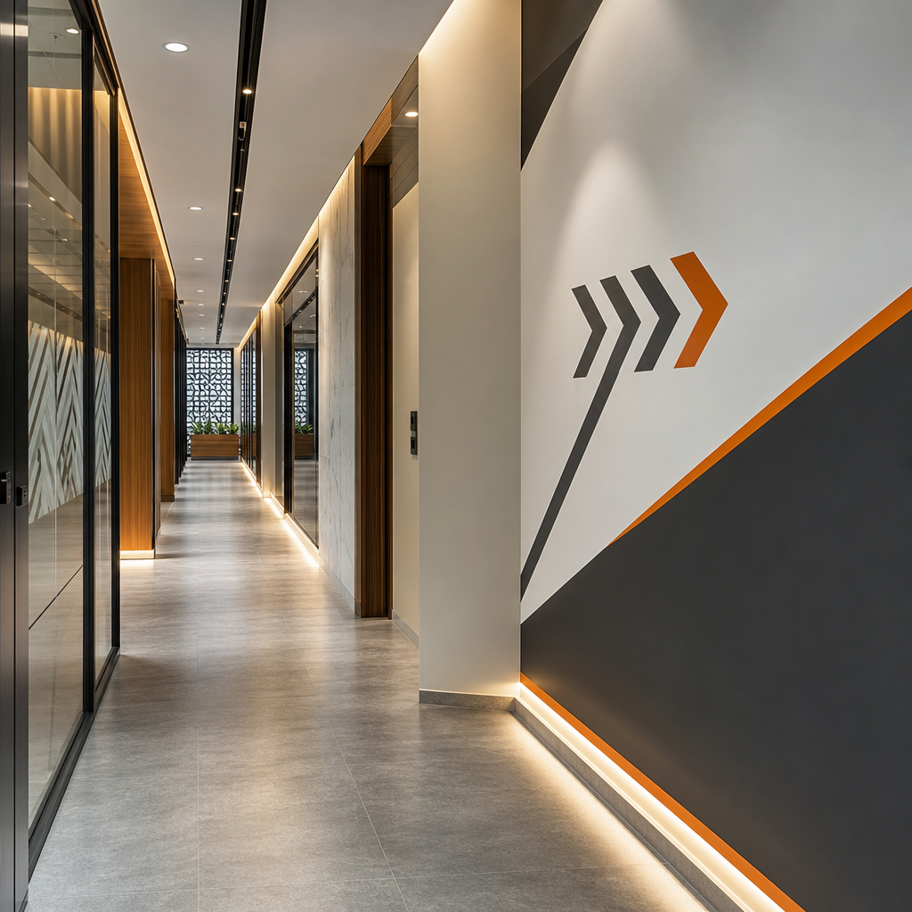 Modern corporate interior corridor finished with directional wall graphics and branded environmental design