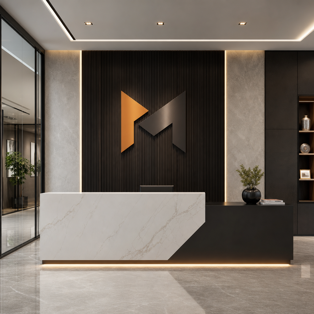 Corporate interior fit-out project with refined wall branding, reception design, and premium finishes