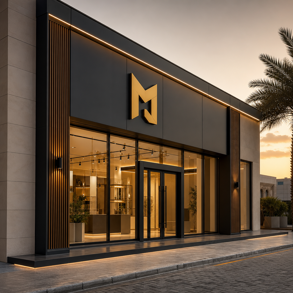 Large premium commercial signage installation on a modern retail facade in Oman, photographed at golden hour with clean architectural lines